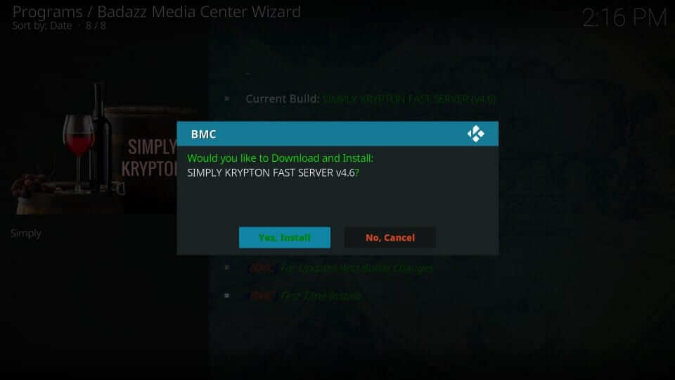Tap on Yes Install to get BMC Kodi Build