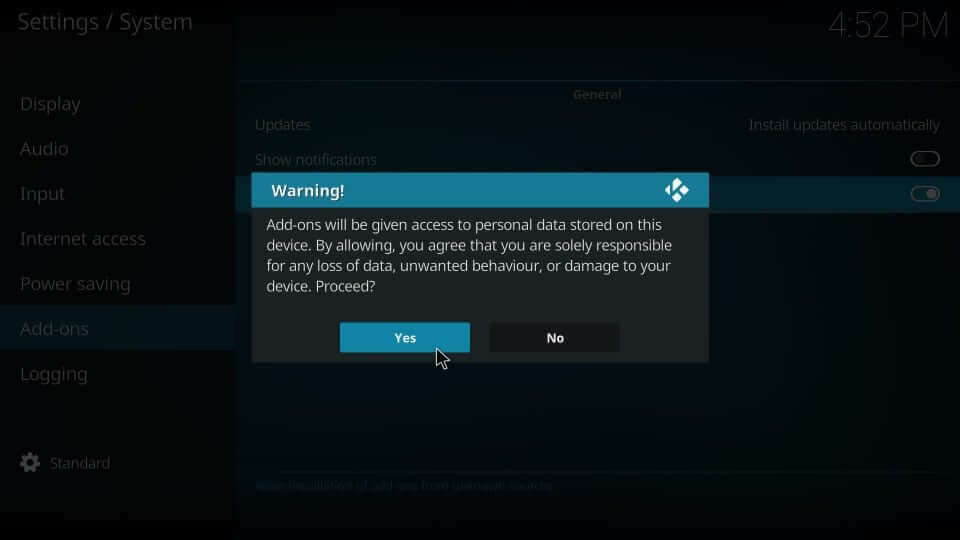 Click Yes in the warning to get BMC Kodi Build