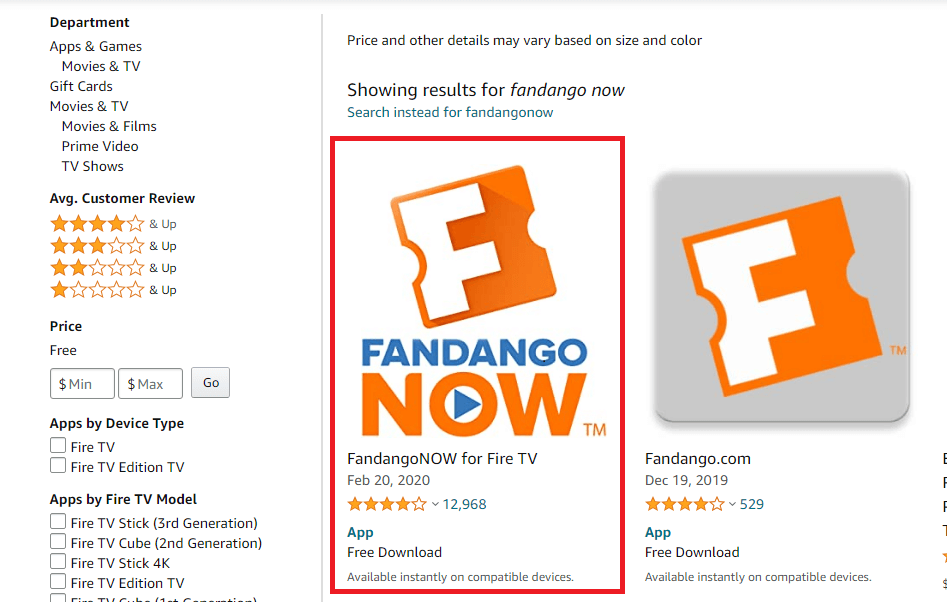 select the FandangoNOW app