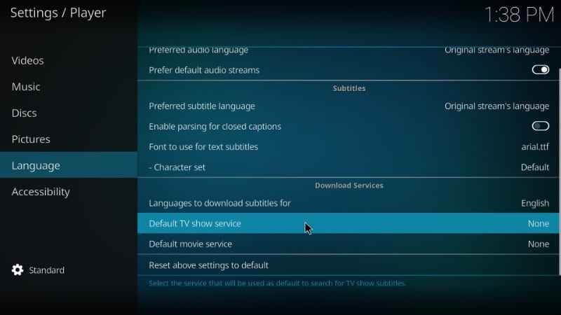 Tap the Default TV show service and click Get more to get Kodi subtitles