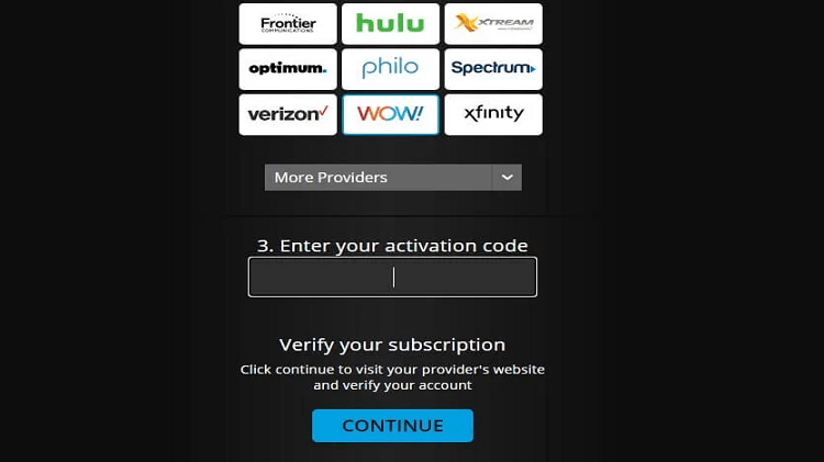 enter the TV provider and click continue