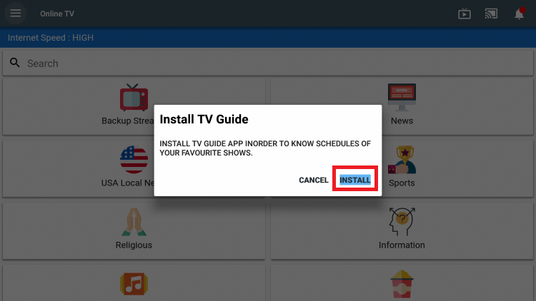 click Install - Exodus Live TV 