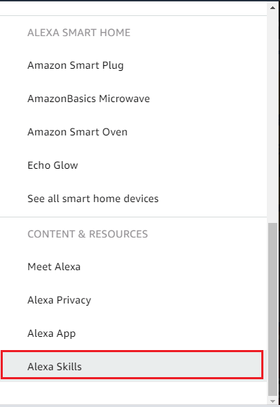Click Alexa Skills from the list of options
