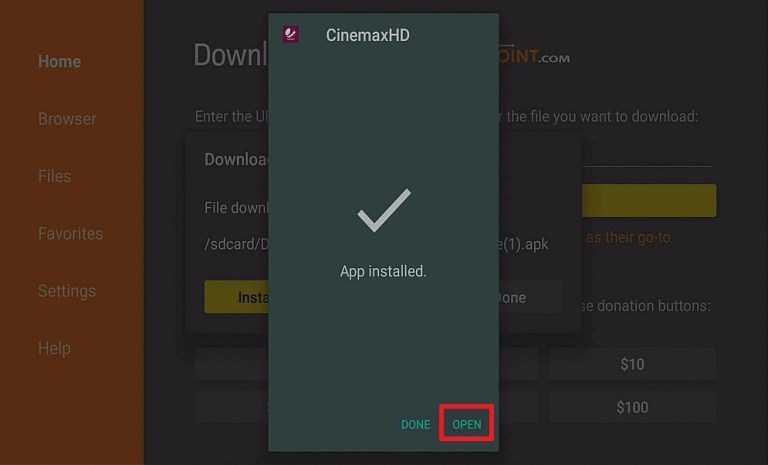 Tap Open button - Cinemax on Firestick
