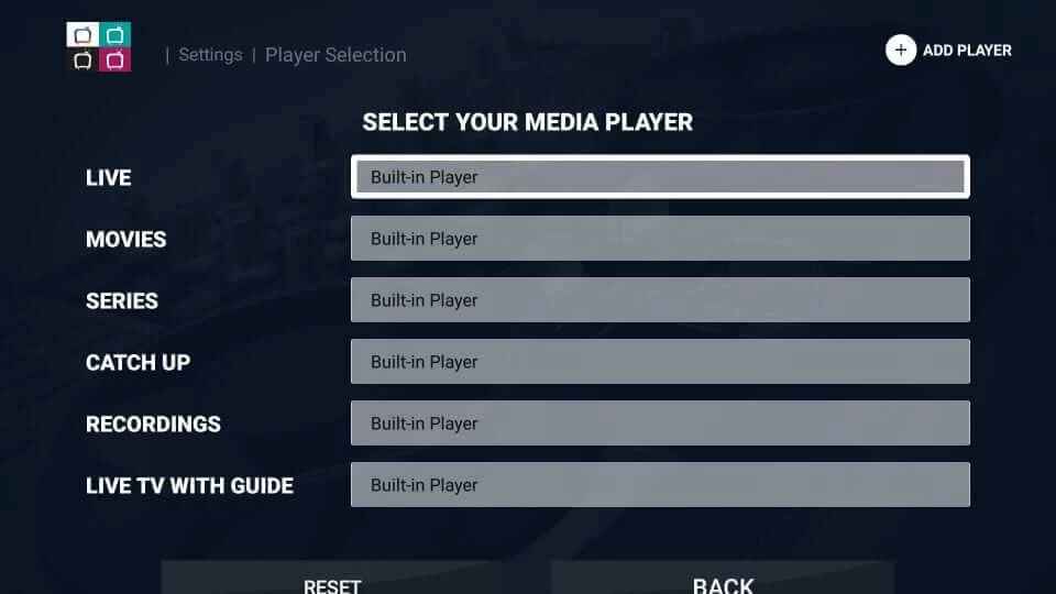 select your Media player for each category