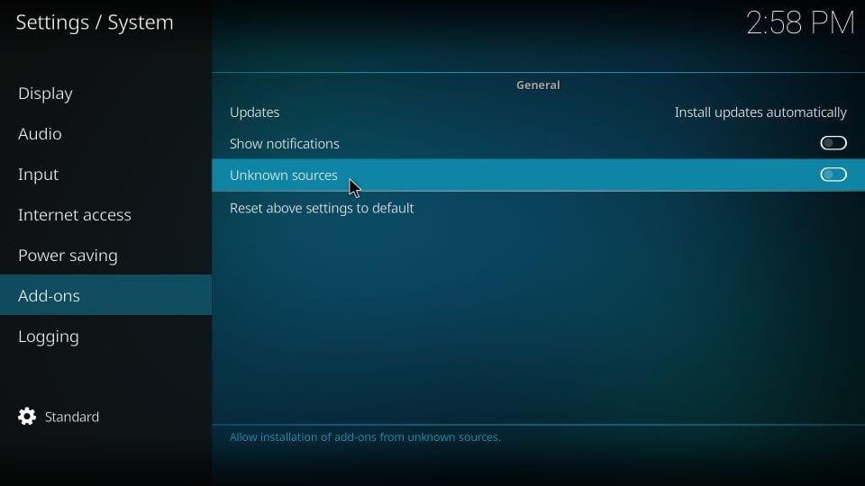 Click Unknown sources to install Joker Builds on kodi 