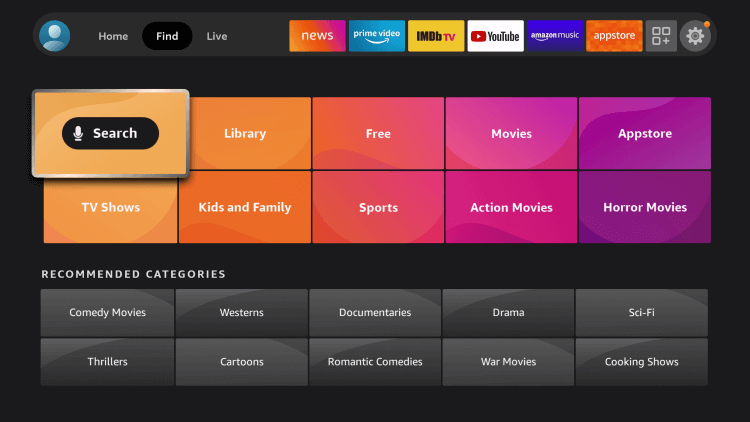 Select Search to find TNT app on Firestick