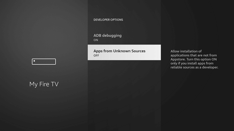 Turn on Apps from Unknown Sources to install KOCOWA on Firestick
