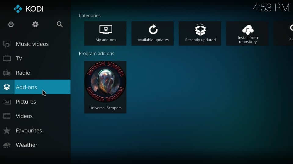 Click Add-ons under the Kodi Home screen.