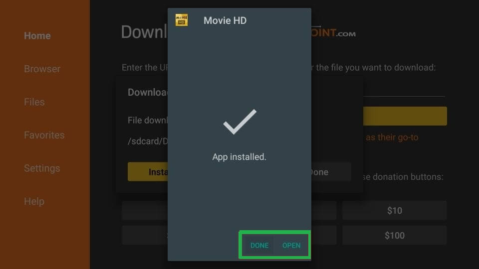 clikc Done to open Movie HD APK on Firestick