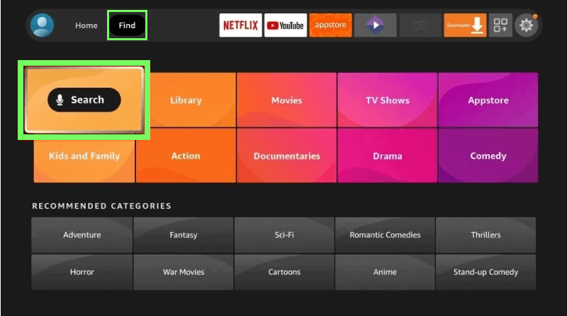 Select Search and Find. Sky Channels on Firestick 