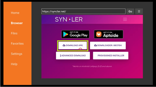 Download APK -Syncler on Firestick