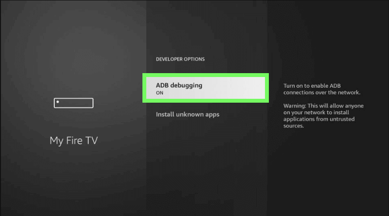  Developer Options >> ADB Debugging- distro tv firestick
