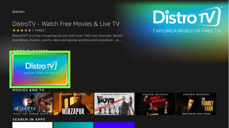 Select the Distro TV app- distro tv firestick