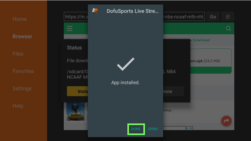 complete and click DONE. dofu sports on Firestick
