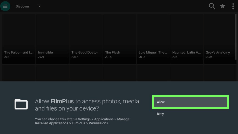Select Allow. filmplus firestick