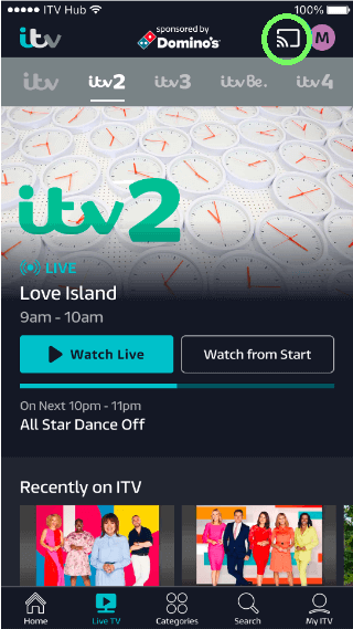 Find the cast icon. itv hub on firestick