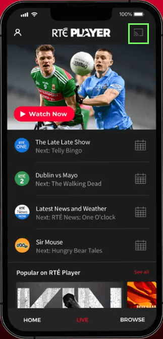 Click the Cast icon on RTE Player app 