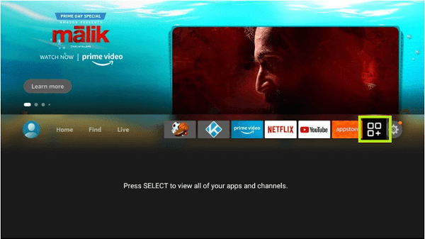 Select the Apps icon. uk turks firestick