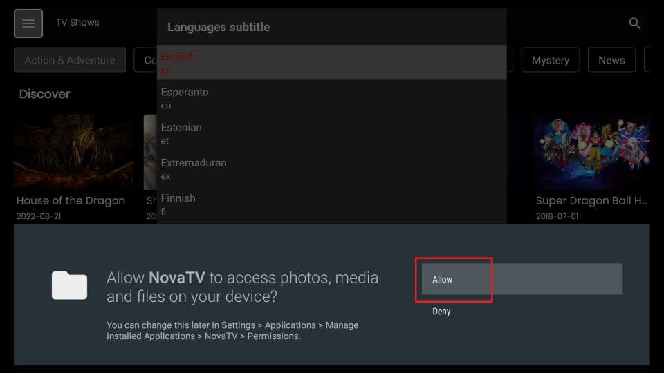 Allow Nova TV to access Firestick storage