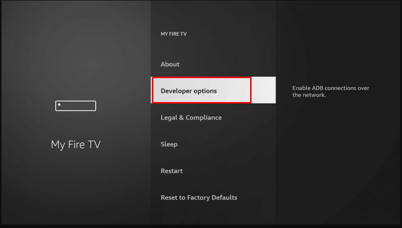 Developer options under the MY FIRE TV menu.