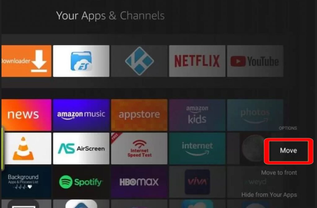Move option on the pop-up menu. It helps to place Brave on your Firestick homescreen.