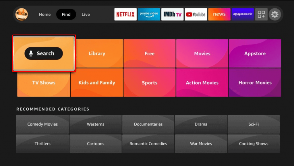 search button on the homepage of Firestick.