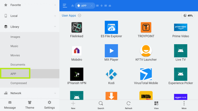 App option under the Library menu in the ES File Explorer app.