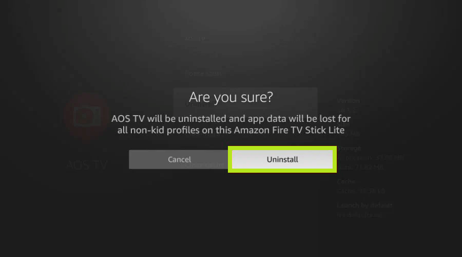 Uninstall option of the AOS TV for confirmation  to delete apps on Firestick.