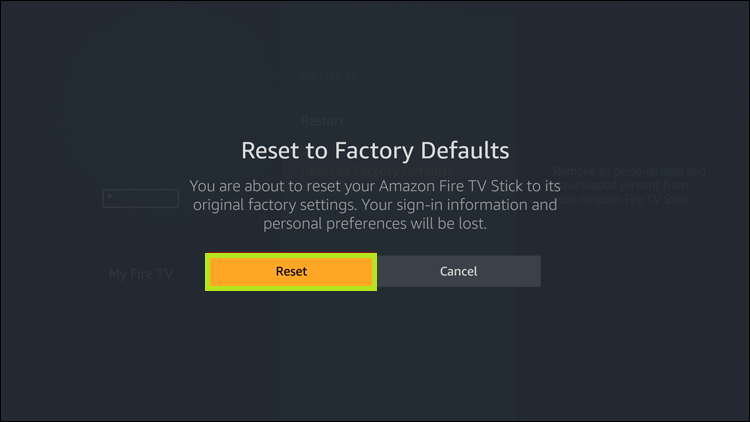 Reset pop-up for confirmation to delete apps on Firestick.