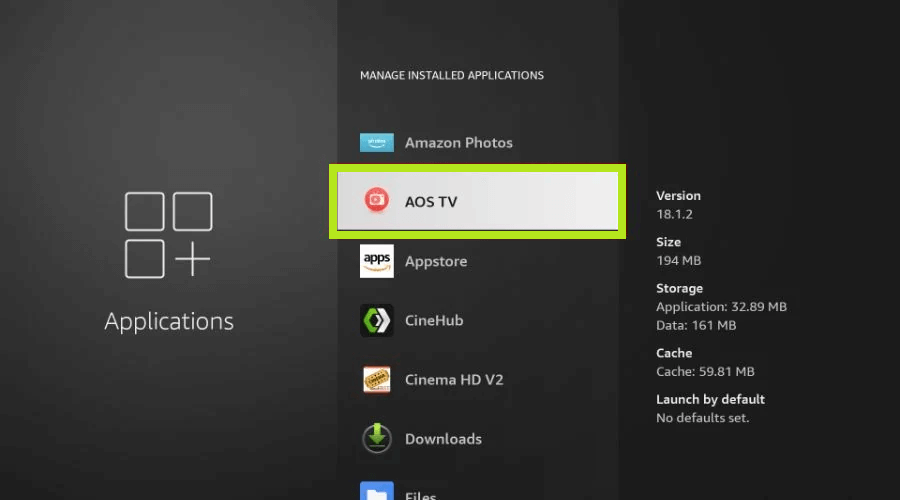 AOS TV app from the MANAGE INSTALLED APPLICATIONS.