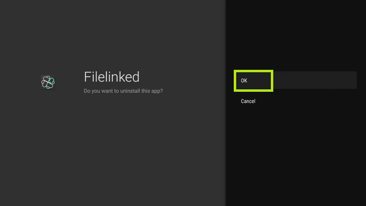 Pop-up for the confirmation of uninstall process to delete apps on Firestick..