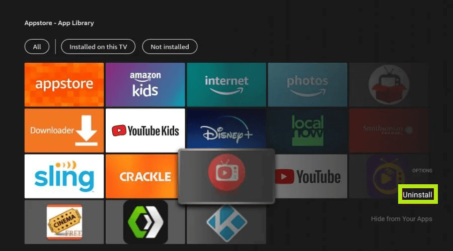 Uninstall option on the pop-up window  to delete apps on Firestick.