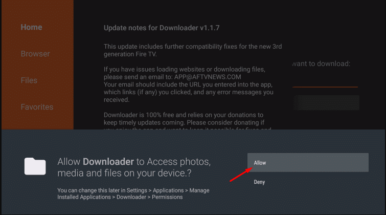 File access permission pop-up of Downloader app.