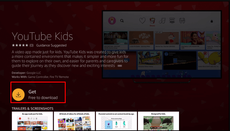 Get button to download YouTube Kids on Firestick.