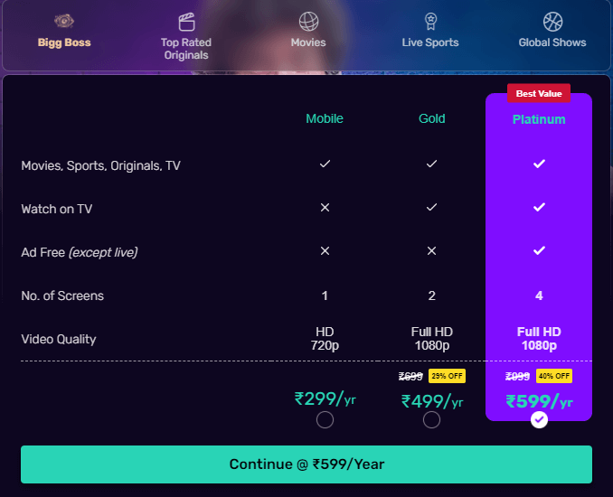 Voot Select subscription