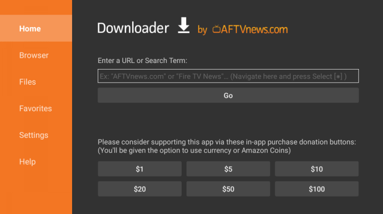 Enter the URL of ESPN on the Downloader app 