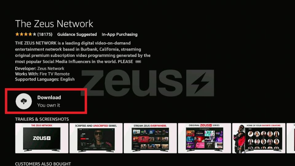 Tap on Download to download and watch Zeus network on Firestick.