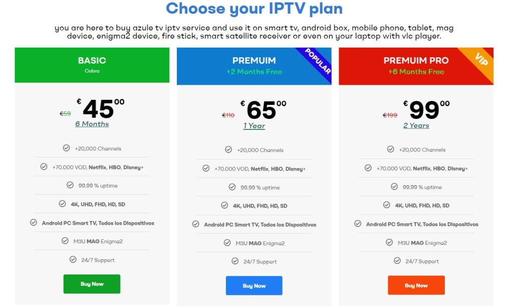 Cobra IPTV subscription plans