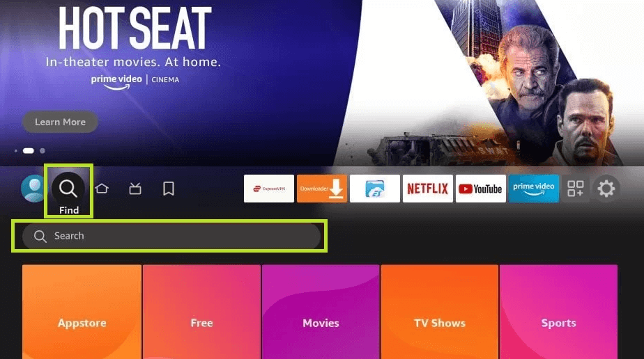 Select the Find icon to locate the BGTime.tv on Firestick